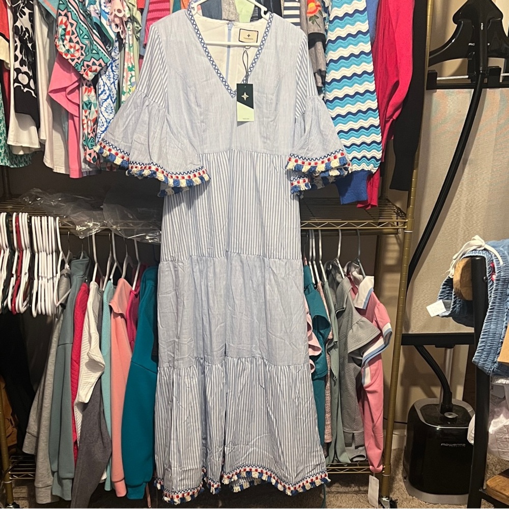 Tuckernuck Blue Striped Maxi Dress with Multicolor Trim